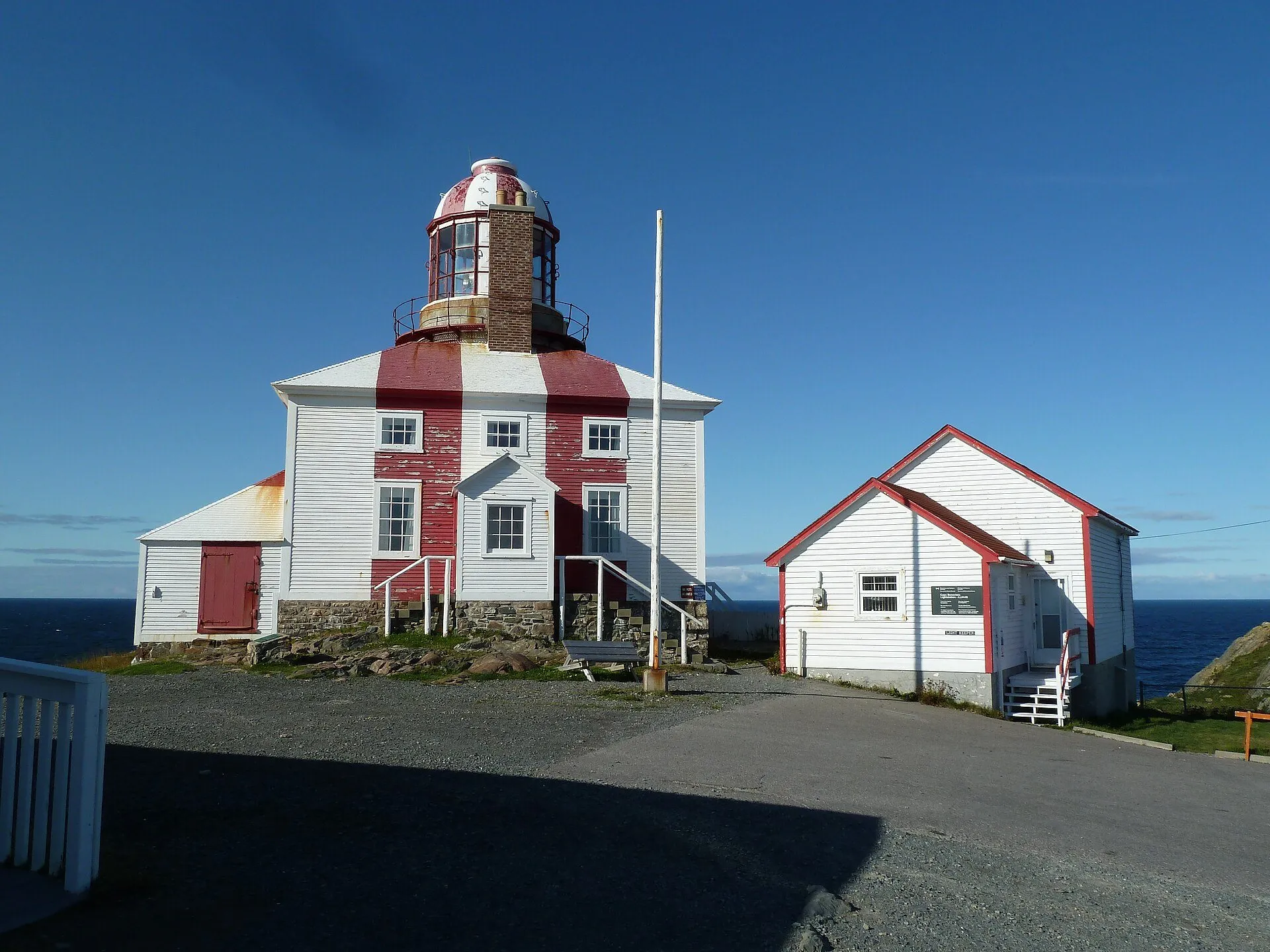 The red-and-white striped Cape Bonavista Lighthouse and a white outbuilding stand on the headland under a clear sky.
