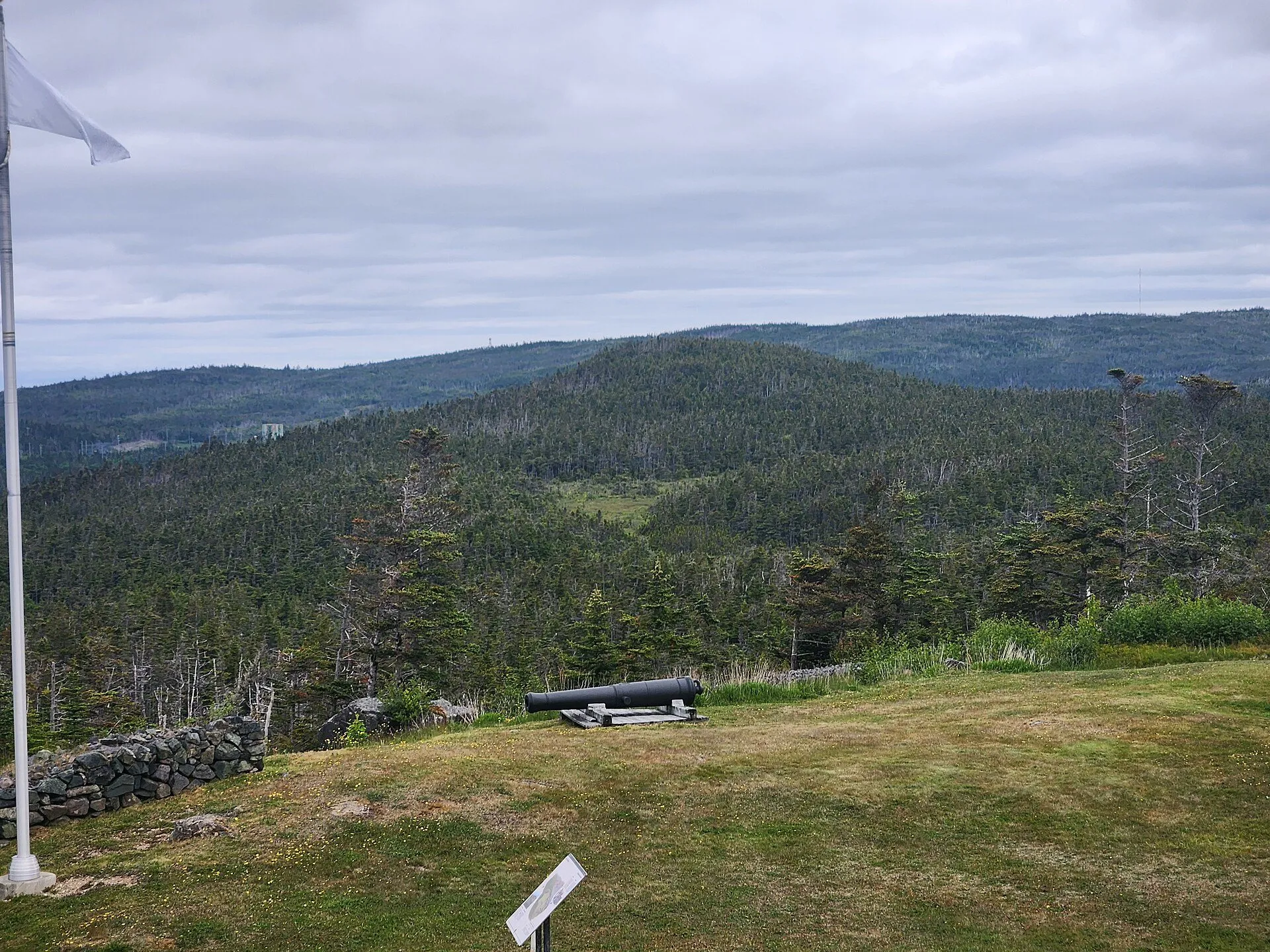 A cannon on the grassy hilltop at Castle Hill beside a stone wall and flagpole, looking across forested hills above Placentia.