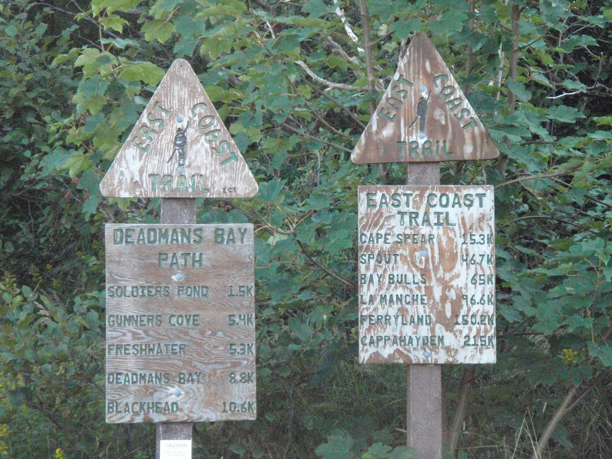 East Coast Trail signposts in the trees at the Fort Amherst end, one for the Deadmans Bay Path with its distances.