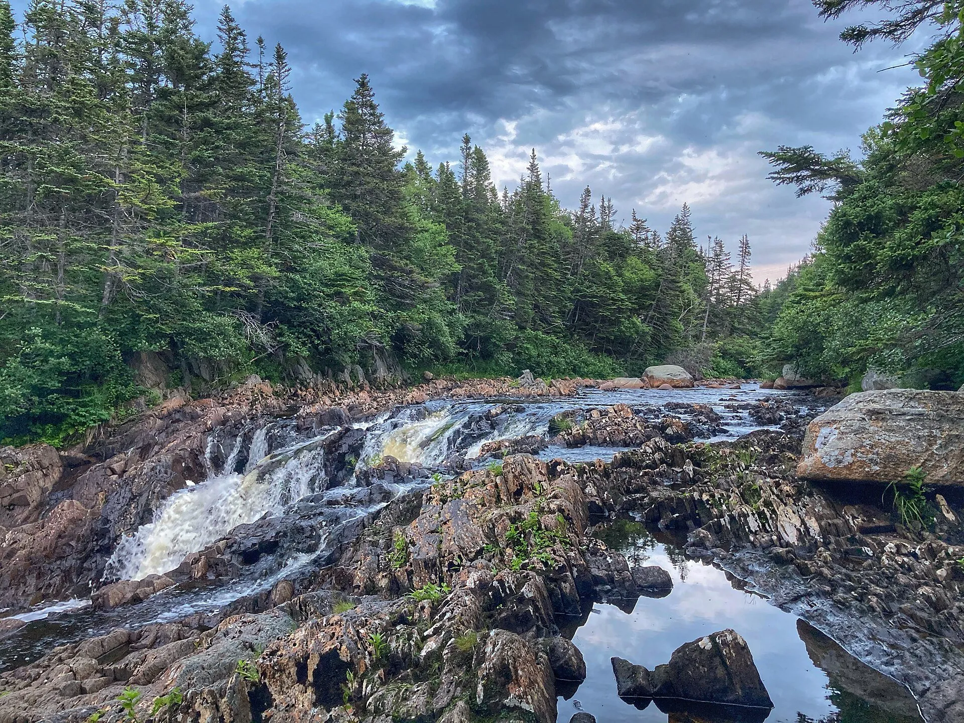 A river tumbles over ridged dark rock between spruce forest in J.T. Cheeseman Provincial Park.