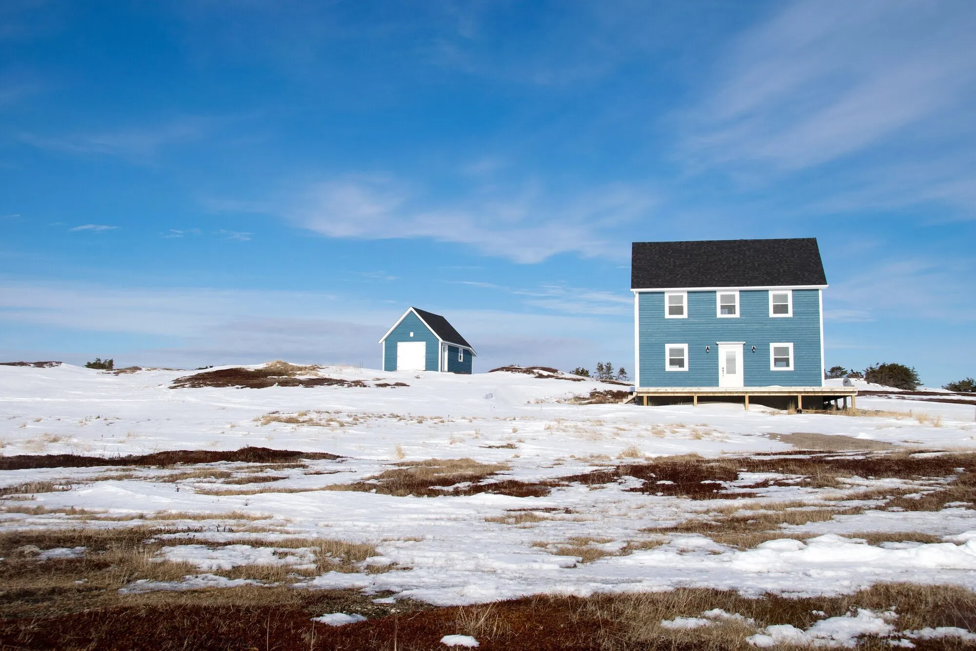 Two blue houses on snowy grass at Oliver's Cove, Tilting.