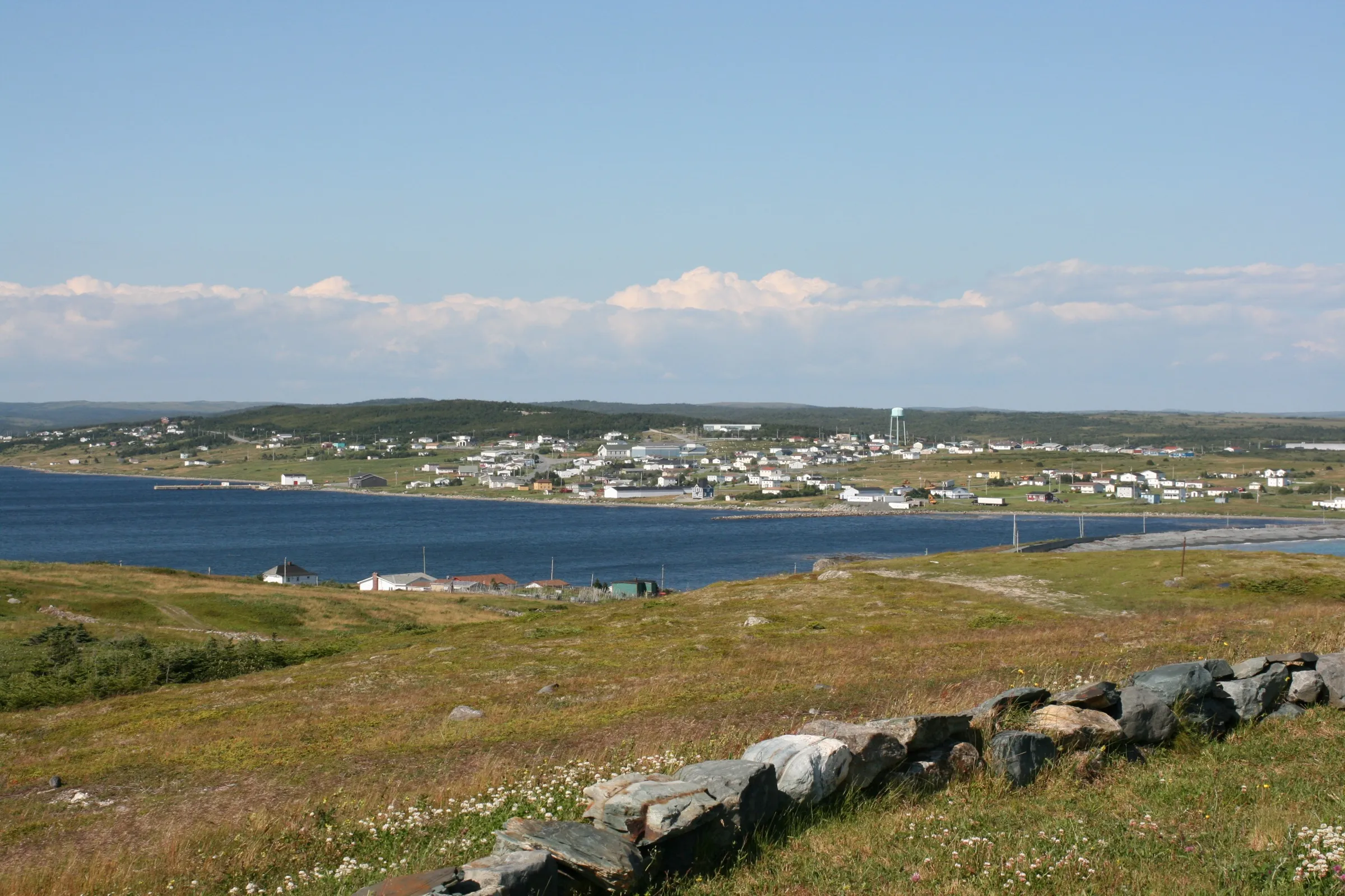 Trepassey harbour on the southern Avalon, houses scattered around the water under open barrens.